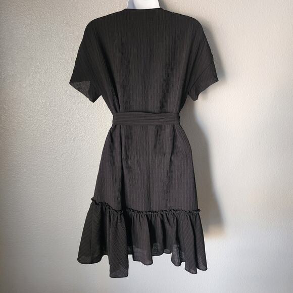 All Saints Rene Ruffle Bottom Short Sleeve Wrap Dress Black - Picture 6 of 9